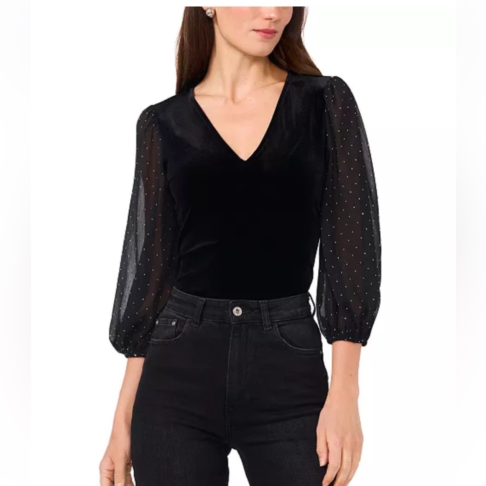 VINCE CAMUTO VELVET BLOUSE WITH SHEER STUDDED SLEEVES ❤️NWT❤️IN STORES❤️